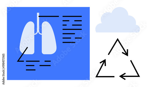 Healthcare, environmental sustainability, pollution reduction, lung health, medical research, recycling awareness. Diagram lungs, recycling symbol and cloud. Lung health and environmental