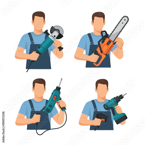 Set of four flat vector illustrations featuring a male construction worker or handyman in blue overalls holding an angle grinder, chainsaw, electric hammer drill, and cordless drill.