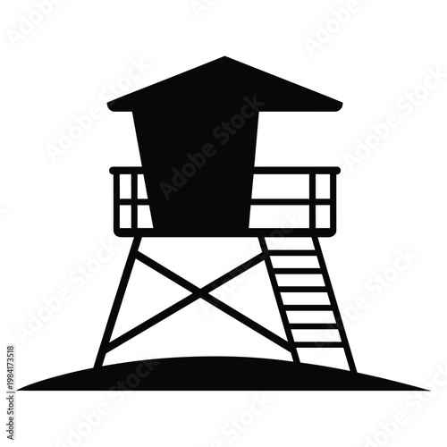 Minimalist black silhouette of lifeguard watchtower standing on beach sand dune illustration