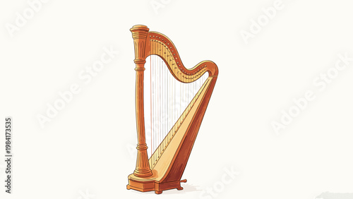Watercolor-style Illustration of a Traditional Wooden Tripod-base Harp, a Classic Plucked String Instrument, Set Against a Plain Off-white Background
