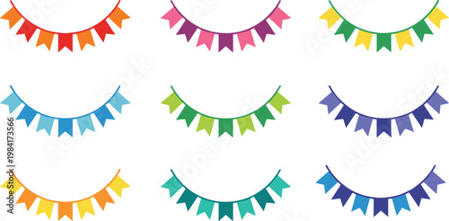 Colorful party bunting flag collection with multicolored pennant garlands for birthday celebration festival decoration and school carnival event design isolated on white background.