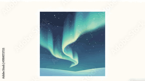Minimalist Illuminated Aurora Borealis Over Snowy Arctic Dunes, Starry Night Sky, Digital Grainy Flat Art Landscape