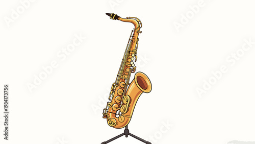 Illustrated Golden Brass Saxophone on a Stand in Flat Cartoon Art Style, Isolated on Plain Light Off-White Background, Woodwind Musical Instrument Illustration