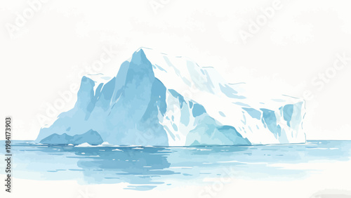 Watercolor Illustration of a Giant Floating Iceberg in a Calm Polar Ocean, Capturing the Minimalist Serene Beauty of the Remote Icy Arctic Landscape