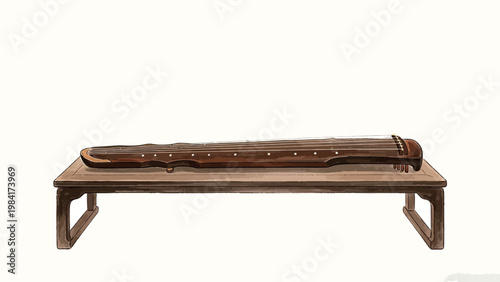 Watercolor Illustration of a Traditional Chinese Guqin Placed on a Minimalist Low Wooden Table, Against a Plain Off-White Background, Showcasing Classical Oriental Culture