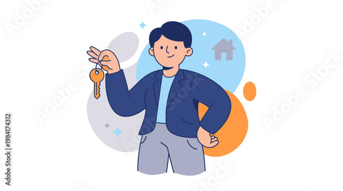 Man holding key with abstract elements illustrating property and real estate