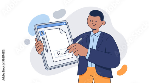 Man signing digital document on tablet with stylus and pen vector illustration