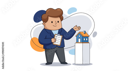 Cartoon realtor presenting a house model business and real estate concept