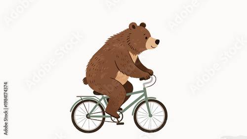 Cute Whimsical Illustration of a Plump Brown Bear Riding a Green City Bicycle Against a Plain Off-White Background, Gentle Minimalist Outdoor Adventure Art