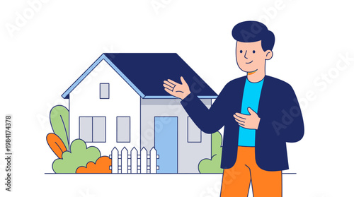 Illustrated man presenting house concept with modern design and landscaping elements