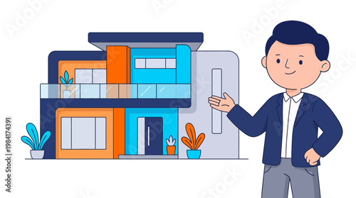 Cartoon character presenting modern house illustration real estate concept for advertising