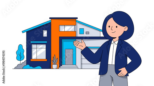 Real estate agent presenting a new house with a key and welcoming gesture