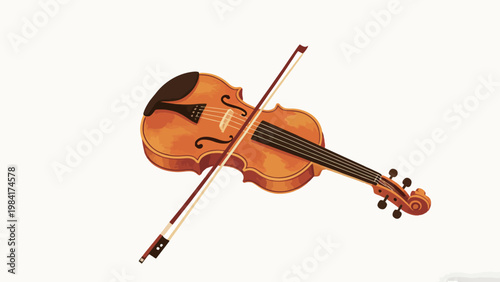 Hand-Illustrated Warm Toned Violin and Bow, Isolated on a Soft Off-White Background, Classic String Instrument Artwork
