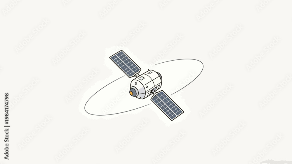 Obraz premium Minimalist Line Art Illustration of an Orbiting Space Satellite, Clean Simple Background, Stylized Flat Design Depicting a Spacecraft in Orbital Flight