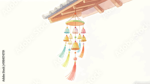 Watercolor Illustration of a Colorful Multibell Wind Chime Hanging from a Traditional Wooden Eave, Soft Pastel Toned Artwork on a Plain Clean Background