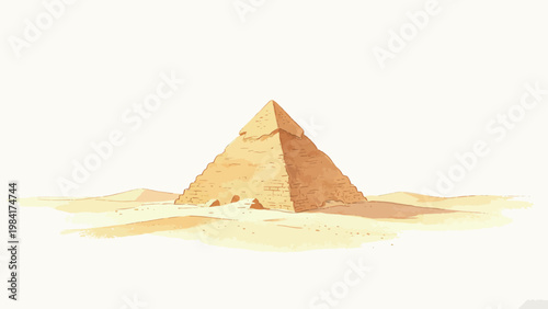 Watercolor Illustration of an Ancient Sandstone Pyramid Standing Among Desert Sand Dunes in a Minimalist Open Composition, Warm Neutral Color Palette