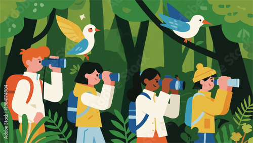 Illustration Of A Group Of Teenagers Observing Birds With Binoculars Vector Design Template
