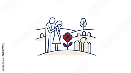 Couple Mourning Loss at Cemetery Minimalist Line Art