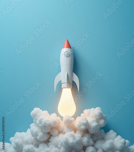 Toy rocket ship blasting off with smoke and flames on blue background, spaceship model rocket