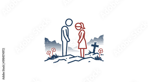 Mourning Couple at a Grave with Cross