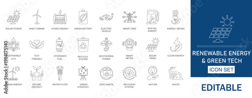 Renewable energy and green technology icons set. Includes solar power, wind turbine and sustainable energy elements. Perfect for environmental projects, eco-friendly apps and etc.