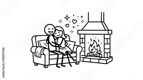 Happy Couple Embracing on a Sofa by the Fireplace