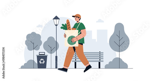 Illustration of a delivery person walking through a park with a bag of groceries