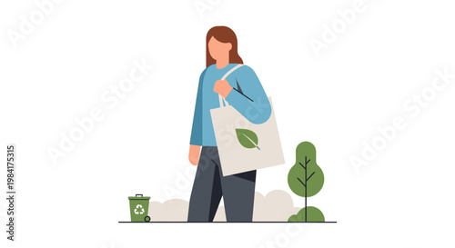 Illustration of a woman carrying a reusable tote bag with a leaf symbol, symbolizing eco-friendly living and sustainability