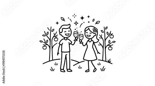 Couple Celebrating with Champagne in Orchard