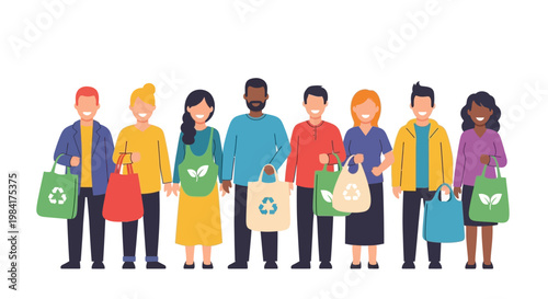 Diverse group of people holding reusable shopping bags with recycle symbols, promoting eco-friendly lifestyle and sustainability