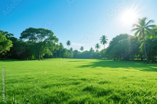 Sunlit green field with palm trees and lush vegetation under a clear blue sky