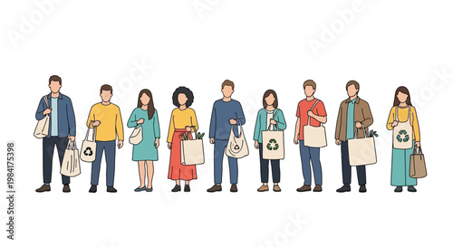 Diverse group of people carrying eco-friendly reusable shopping bags promoting sustainable lifestyle and environmental consciousness
