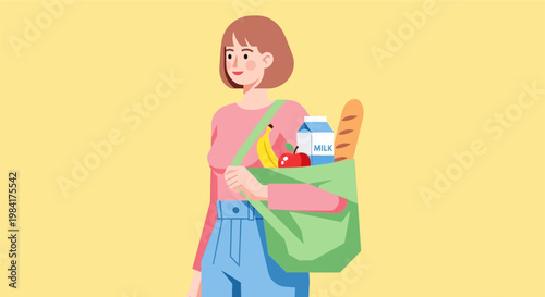 Woman with reusable grocery bag. Illustration of a female carrying fresh food like milk, bread, and an apple, promoting eco-friendly shopping and a healthy lifestyle