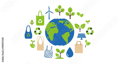 Sustainable Planet Concept Promoting Global Environmental Protection, Renewable Energy, and Eco-Friendly Lifestyle with Diverse Icons
