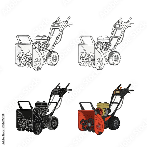 Four snow blower illustrations including line art, black silhouette, and color versions. Detailed two-stage gas snowthrowers with engines, augers, and wheels on white background.