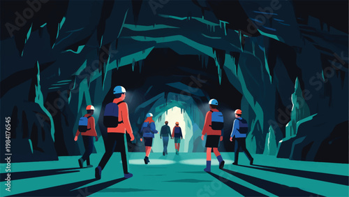 Illustration Of A Group Of People Exploring A Cave Vector Design Template