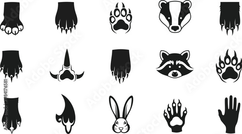 Collection of black animal paw prints and animal faces on white background claw bear paw raccoon