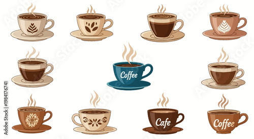 Vector illustration set of various steaming coffee and tea cups on saucers featuring latte art, floral patterns, and typography labels like cafe isolated on a plain white background