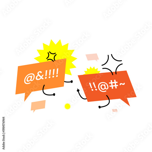 illustration of conflicting chat bubbles, censored symbols. online arguments, toxic conversations, heated social media debates. Concept of digital communication conflict, cyberbullying, hate speech