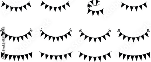 Collection of black hanging party bunting flags and pennant garland vector icons for birthday celebrations wedding decorations and holiday event festival designs isolated on white background.