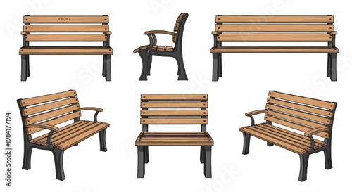 Vector illustration set showing multiple views of a classic wooden park bench with black cast iron legs, including front, side, and isometric angles isolated on white background.