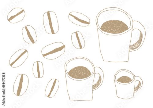 大小さまざまなコーヒー豆とコーヒーカップの手描きイラストセット（茶色）