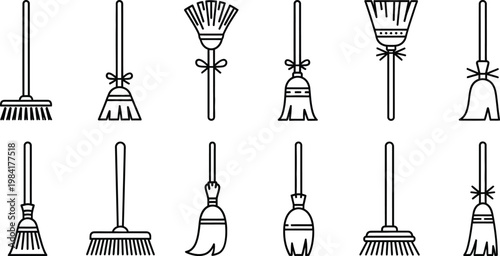 Collection of ten different broom and brush with black outlines on white background cleaning