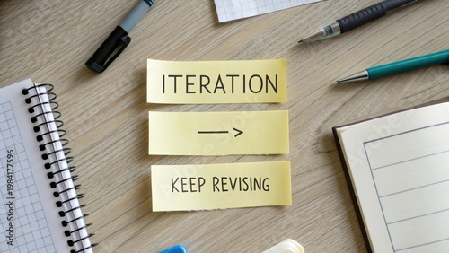 Creative Workspace with Sticky Notes on Iteration and Revision