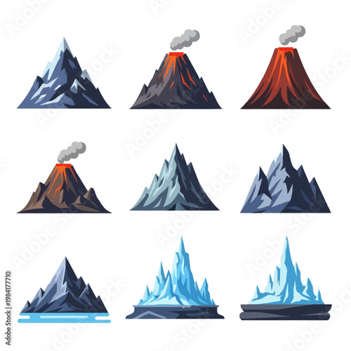 Set of nine stylized mountain and volcano vector illustrations including snowy peaks, erupting volcanoes with lava flows and smoke, and frozen icebergs isolated on white.
