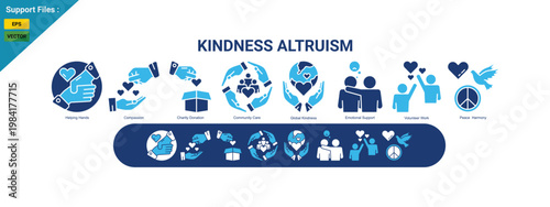 kindness and altruism two color  icons including helping hands, compassion, charity donation, community care, volunteer work, and global support. 