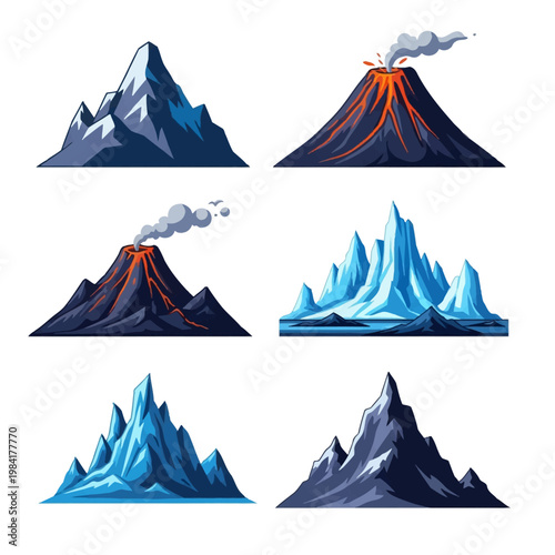 Set of six stylized vector illustrations featuring various mountain types including active volcanoes with red lava and smoke, snow-capped peaks, and blue icy mountain glaciers.