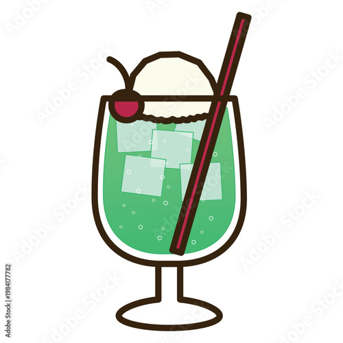 喫茶店の定番メニューであるチェリーを添えたメロンクリームソーダ