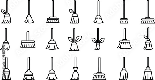Collection of various broom and brush with different bristle styles and leaf accents cleaning