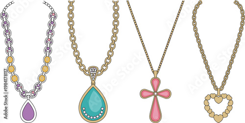 Elegant colorful necklace collection featuring gemstone pendants, gold chains, heart charm and vintage inspired jewelry design illustration set
